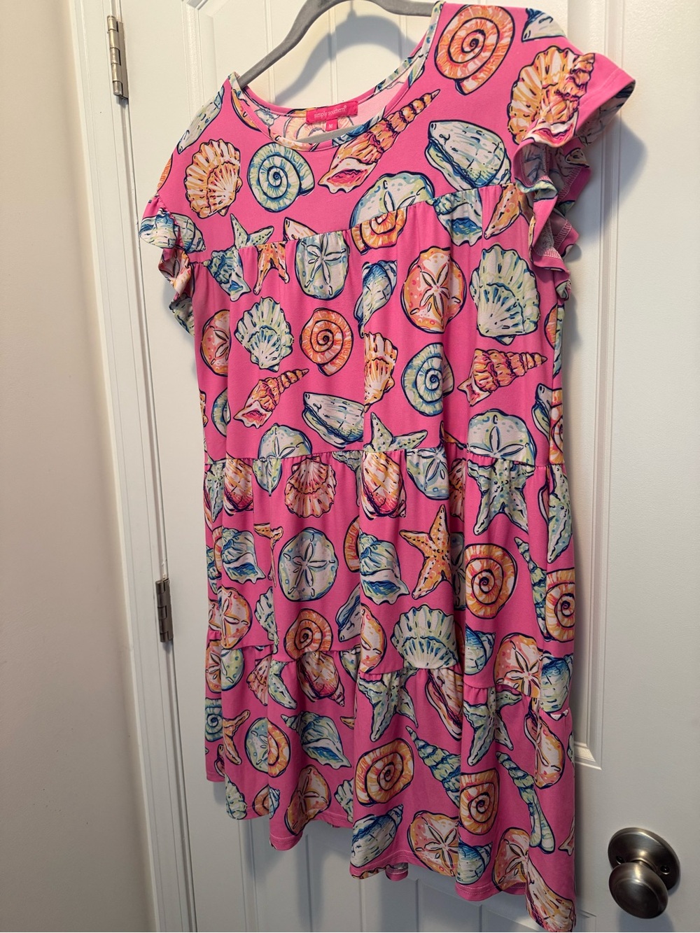 Simply Southern Pink Seashell Starfish Tiered Dress Size M